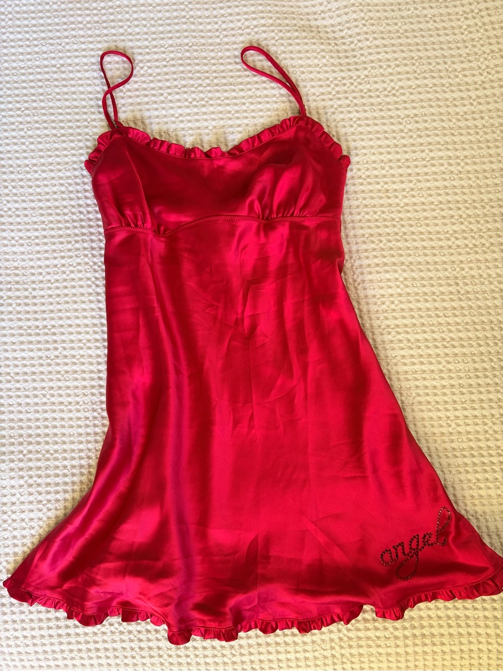 Y2K Vintage Victoria's Secret Red Satin Slip with 'angel' Rhinestones